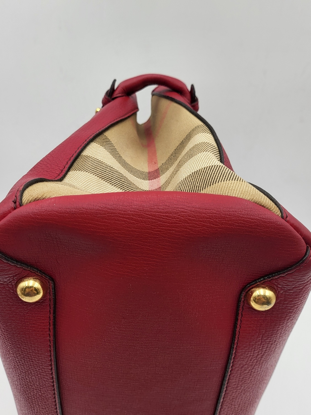 BURBERRY Grainy Calfskin House Check Medium Banner Tote Red, Auth w/COA. - Picture 8 of 16